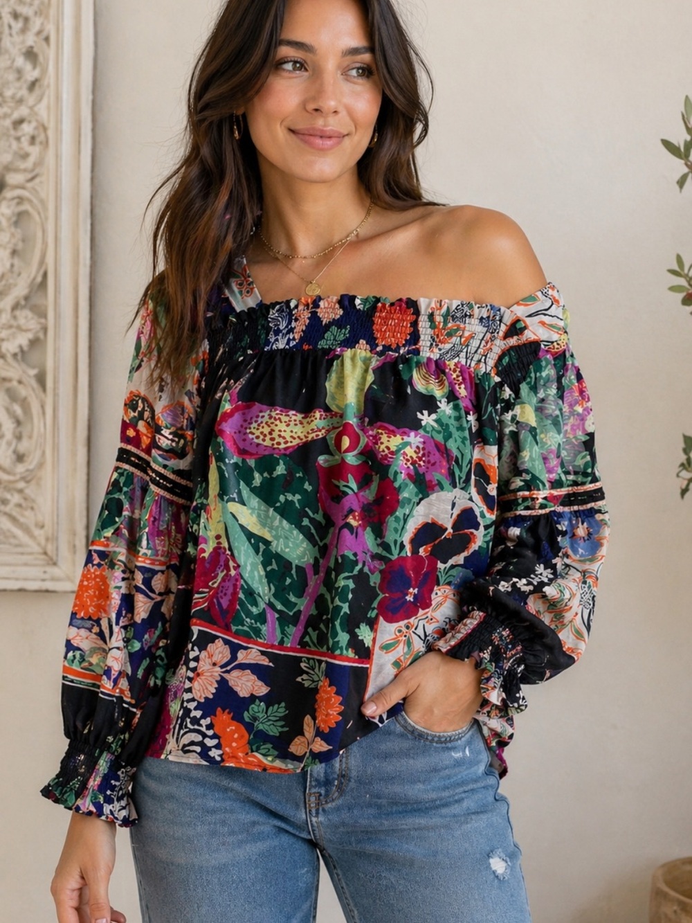 Anthropologie Maeve Floral Off Shoulder Blouse Boho Multicolor Peasant Top